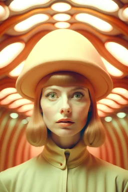 Wes Anderson style, mushroom woman in 1960s London, wearing pastel colors, 1960s style, colorful makeup, wide lens, no shadows, post modernist, symmetrical, cinematic lighting, photorealistic, natural light, wide lens photo, Wes Anderson style, portrait photo facing forward --v 5.2