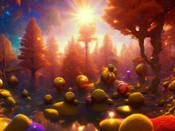 gold and red crystal cosmic and galactic ambiance hill sky rocks sunny trees pools river surreal, full of details, smooth, bright sunshine，soft light atmosphere, light effect，vaporwave colorful, concept art, smooth, extremely sharp detail, finely tuned detail, ultra high definition, 8 k, unreal engine 5, ultra sharp focus