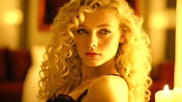 Closeup of a beautiful 17 year old caucasian girl with long curly blonde hair. She is wearing a black lace bustier with red ribbons. She is in a candlelit bedroom near a window. She is gazing at the viewer.