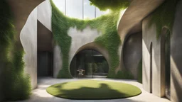 A small and irregular courtyard with curved concrete walls with random openings or openings of different sizes through which the sun's rays enter and other straight glass walls through which the silhouette of people inside can be guessed. Ivy grows on some of the walls.