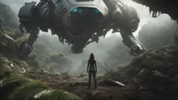 Wide-angle, woman with straight hair, dressed like a robot, with equipment in her hands, next to a crashed spaceship, in a clearing on an alien jungle world