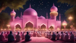 Hyper Realistic Photographic-View of lots of Muslims praying outside a beautifully-crafted-pink-mosque with garden-lamps-&-Garland-Lights with dramatic-&-Cinematic-Ambiance at night with glowing-fireflies.