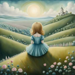 (Nicoletta Ceccoli style:1.5) a perfectly detailed girl sitting in on a hill in a surreal landscape gazing at the people below, full body shot, centered, perfectly drawn girl, detailed face :: impasto Watercolor, 8k Resolution, Matte Painting, perfectly detailed face