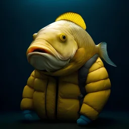 A fish wearing a fpuffy jacket, underwater
