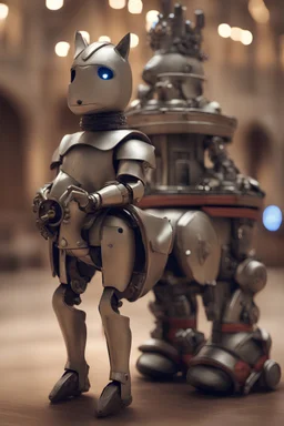 portrait of cute knight chat robot on horse in royal future hall ,shot on Hasselblad h6d-400c, zeiss prime lens, bokeh like f/0.8, tilt-shift lens 8k, high detail, smooth render, down-light, unreal engine, prize winning