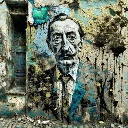 Candid photographs of the painter Salvador Dali with the famous mustache on a wall in an alley of an ancient town, in a combined art style of generative art, calligraphic lines, rust debris, peeling yellow and blue paint, black and white portraits, distorted figures.