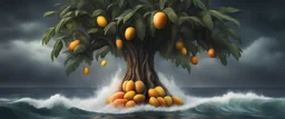 Hyper Realistic massive huge mango tree with mangoes on it between a sea at rainy night with wave splashes
