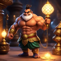 [tiny small lamp] a muscular giant genie Spilling Out with a smile of his very small lamp, his legs are still inside the lamp. How can he fit inside this tiny lamp? large genie spills out of the small lamp [in the treasure room]