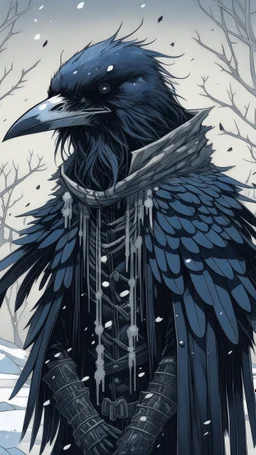 An illustration by Jakuchu and Matisse of a human-like raven adorned in a punk leather jacket within a snowy atmosphere.