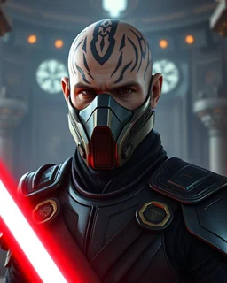 heavily scarred head bald male corellian jedi wearing gunmetal grey and black old republic armored flightsuit and breath mask with gold and metallic red trim inside the jedi temple, centered head and shoulders portrait, hyperdetailed, dynamic lighting, hyperdetailed background, 8k resolution, volumetric lighting, light skin, fully symmetric details