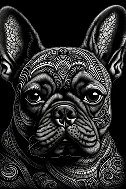 A hyper-realistic French bulldog drawn using lines that look tribal, black background