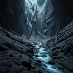 Photograph, a dark mass of terrain, giant museum space, powder, brook, dramatic colors, geological formation, architecture, minimalist, details of the terrain very accentuated, 8k, deep 3d field, sharp, brutalist, hasselblad h6d400c --ar 85:128 --v 6.0
