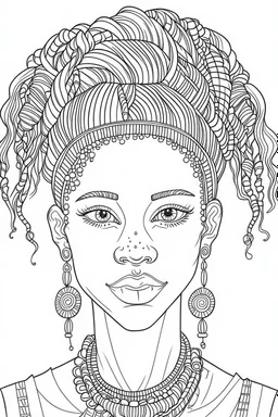 front position african girl face with beautiful hairstyle coloring page