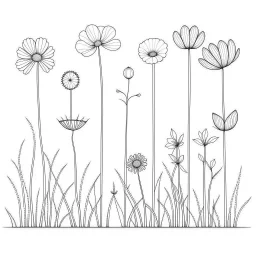 set of grow wind flower on the grace, SIMPLE ONE lineS art, white background, minimalis, different view, only white bakcground solid.