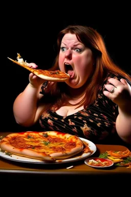 fat woman with long nails eating pizzq