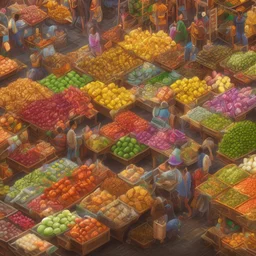 7. Generate an image of a bustling market with vendors selling exotic foods and goods.