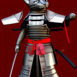 Chat, Modélisme trois dimensions, anthropomorphique, habillé comme un samurai, armure rouge et argent très détaillée, réalisme