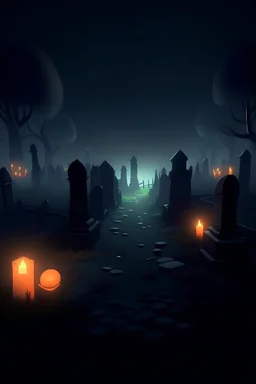 A stylized graveyard at night, in the style of overcooked game add fog in distance and give lighting an eerie finish
