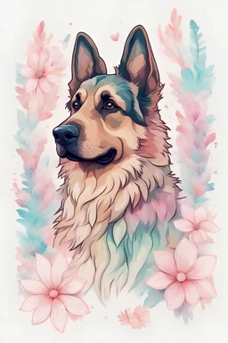 STICKER, A detailed illustration of a print of a colorful German Shepherd head, fantasy flowers splash, vintage t-shirt design, in the style of Studio Ghibli, light white and pink pastel tetradic colors, 3D vector art, cute and quirky, fantasy art, watercolor effect, bokeh, Adobe Illustrator, hand-drawn, digital painting, low-poly, soft lighting, bird's-eye view, isometric style, retro aesthetic, focused on the character, 4K resolution, photorealistic rendering, using Cinema 4D, Broken Glass eff