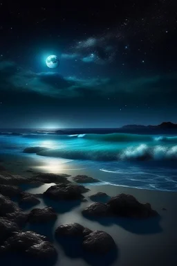 magic sea, realistic, professional photo, 4k, top view, , surf night, full moon, stars in the sky, Milky Way