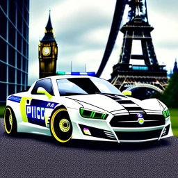 A police Tesla Cybertruck is chasing a Tesla 'Model S Plaid' at top speed, by the 'Tower Bridge', in London. CINEMATIC. WIDE ANGLE LENS.