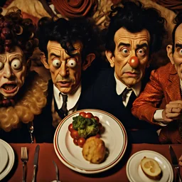 Close-up shot of ultra realistic odd monsters dining, Egon Schiele, vivid, deep 3d field, ultra realistic, Egon Schiele, hypermaximalist figures, light, Italian 1970's odd movie, hilarious, Minicavio Quollati style, photography by Marlost Endgulp, ornate, 4k, photorealism