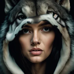 Portrait of a young woman, half the face of a human and half the face of a wolf