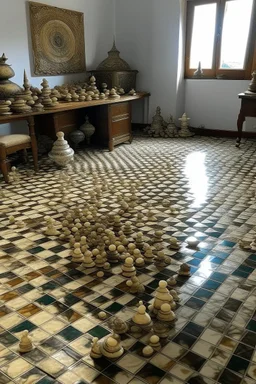 a house of sea shells and on the floor is a huge chess board