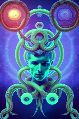 Spiritual sphere with Tentacles over human Head creating reality around, wrapping Tentacles around Human, Dimethyltryptamine