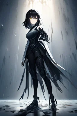 Anime girl with short black hair and sharp green eyes, holding a pike, full body black and white metal plate armour, full body shot, Dramatic lighting,1woman, soaked in blood, standing pose, close shot, lean body,