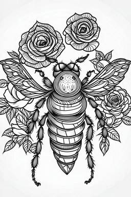 bee with roses idea, line art, background, vector, svg, black outline on white background, leave plenty of white space beetween lines for coloring, tattoo style, tattoo idea,full body, minimalist