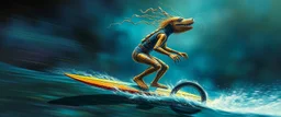 airbrush and pen outline, master oil painting by Rembrandt, viggo sandvik as insane eel wild ginger robot on surfboard boat trike , goa trance glitch poster, background motion blur, volume fog with light rays