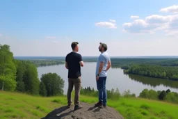 An image of two people exchanging criticism in a constructive and respectful manner, standing on a hill with a lake behind them 4K