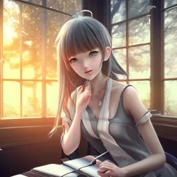 Anime girl studying in room, perfect face, window, nature, anime style, unreal engine 5, studio lighting --ar 2:1