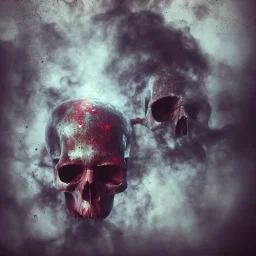 abstract photographic camera mixed with skull in dirty style. fog and smoke in atmosphere. bokeh, lens flare. Dark mood. Dripping paint. oil on canvas, mixed media, high detailed.