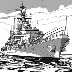 coloring page, no shadow, no shading , minimalistic art ,High Quality Pixels awhite color world war 2 Battleships boat, thick line , blod line, very low details, with white background, simple coloring page