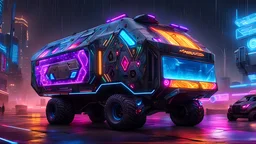 An Experimental, Prototype Marauder Mark 2 Armored Food Truck, tricked out with colorful LED accents and a custom paint job. Full Shot, Art by Paramount Group, Military Vehicles Magazine, and Tron. Experimental, Futuristic, Cyberpunk Background, Highly Detailed, God Light, 3D, HDR, Accurate, 8K, Centered, Volumetric Lighting, Ink Drop Black, Rain, Reflections, Shadows, Trending On Artstation.