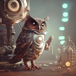 Steampunk Owl, extreme detail, Photorealism, macro lens 70mm,bokeh, cinema4d, HDR, 8k, unreal engine 5