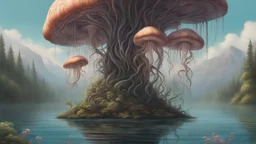 floating alien mushrooms with jellyfish tentacles, rampant foliage, and vines, next to a lake, photorealistic, Intricate Detail"