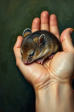 Van Gogh painting style of a mouse peacefully sleeping in to hand palm , The mouse’s fur harmonizes with the scene, that blend with the warmth of the hands , contrasting with natural hands skin