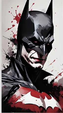 poster in two gradually, a one side half face Batman dark tones and other side half face Joker darkred tones, painting by Yoji Shinkawa,