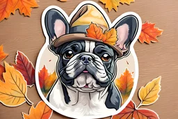 Dog Sticker, French Bulldog, Fall dog art, Smiling, hat on his head, Autumn art