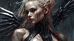 biomechanical women, beautiful, cyberpunk, dusty blonde, short square, large biomechanical black wings, sword, cybernetic, dynamic pose, rain, wind, ashes, flashes of fiery threads, sketch art, fine lines, grunge, sensual, darkness, dark colors, by Raymond Swanland & Alyssa Monks & Anna Razumovskaya