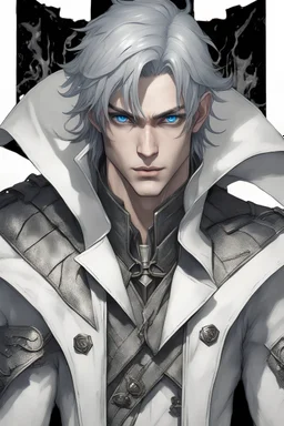 A 3d tan skinned male half elf half human assassin with piercing blue eyes wearing a white trench coat with leather armor underneath and has black hair as dark as the night and a small smirk