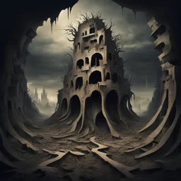 A lost city lost underground and lost in the dark torn and devoured Root Sundered, in dadaism art style