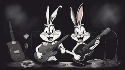 dark melancholic Bugs bunny deppressed doing music rock and roll dark heavy metal on a scene alcoholic