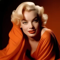 A photograph of marilyn monroe, disheveled, tired, no make up, in the style of milton greene, soft orange silk scarf around her shoulders, soft bacground