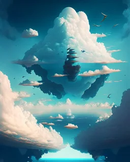 An inverted world where the sky is a vast ocean and ships navigate through the clouds