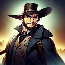 Portrait, Bearded, gunslinger, with short brown hair, serious blue eyes, Cowboy Coat