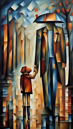I stand here with the loneliness you left me with crying in rain . Cubism style painting.